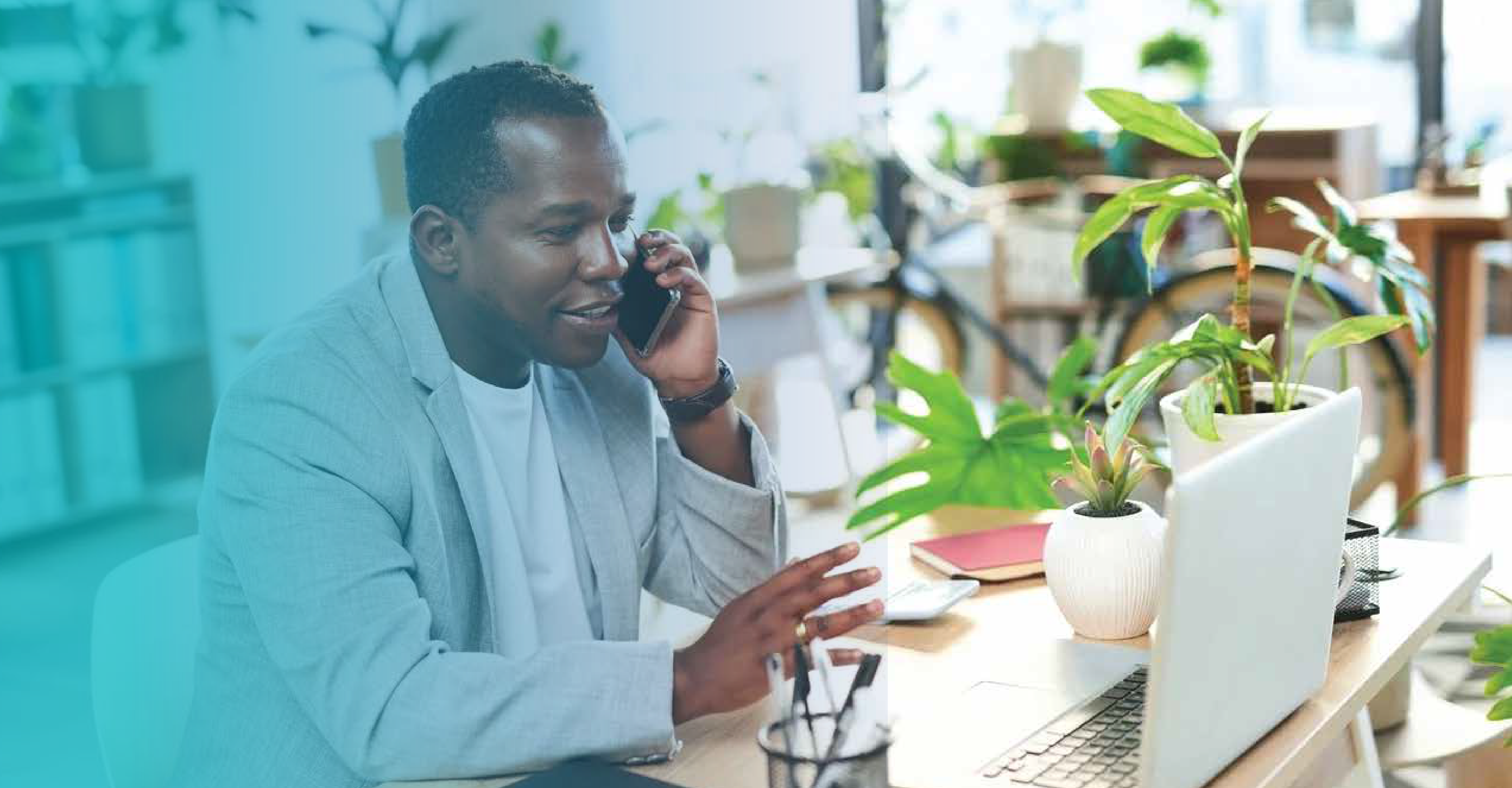 man talking on the phone with gradient line